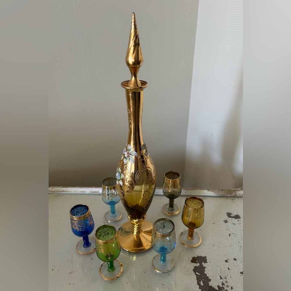 Gold Decanter with Colorful Glasses